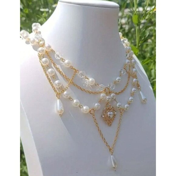 Fairycore Pearl & Crystal Layered Necklace Cottagecore Y2K Fairy Magical Jewelry - Picture 2 of 3
